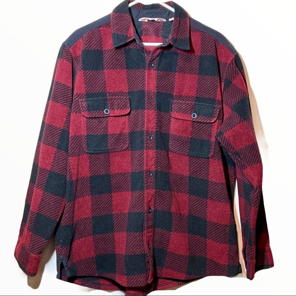 Eddie Bauer Buffalo Plaid Fleece Jacket Button Down Chest Pockets Red Black L